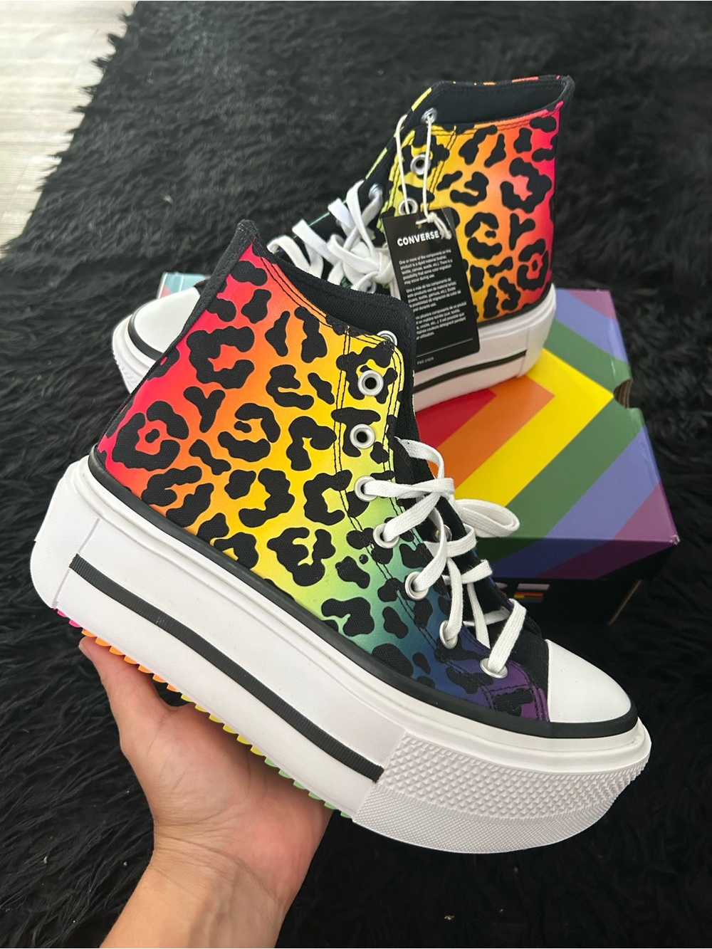 CONVERSE Ctas Lift Double Stack Hi top leopard rainbow shoes sneakers sz 8 new